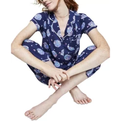 Promo 👍 Cuddl Duds Printed Short Sleeve Notch-Collar Cropped Pajama Set Navy Novel ⭐ -Family Pajamas Store unnamed file 343