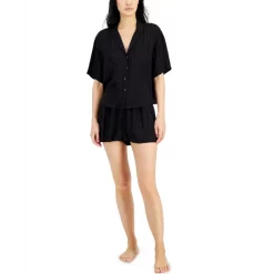 Outlet 🎉 Alfani 👩 Women's Notch-Collar & Pajama Shorts Set, Created For Macy's Grn Blue Slate 😍 -Family Pajamas Store unnamed file 401