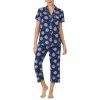 Promo 👍 Cuddl Duds Printed Short Sleeve Notch-Collar Cropped Pajama Set Navy Novel ⭐