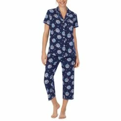 Promo 👍 Cuddl Duds Printed Short Sleeve Notch-Collar Cropped Pajama Set Navy Novel ⭐ -Family Pajamas Store unnamed file 482