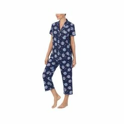 Promo 👍 Cuddl Duds Printed Short Sleeve Notch-Collar Cropped Pajama Set Navy Novel ⭐ -Family Pajamas Store unnamed file 483