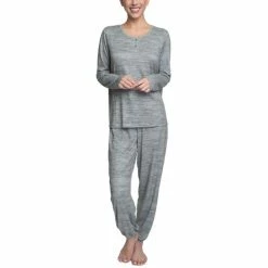 Outlet ✔️ Hanes 👩 Women's Relaxed Butter-Knit Henley Pajama Set Heather Grey 🥰