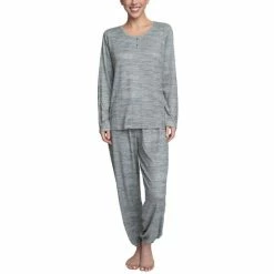 Outlet ✔️ Hanes 👩 Women's Relaxed Butter-Knit Henley Pajama Set Heather Grey 🥰 -Family Pajamas Store unnamed file 525