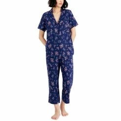 Best deal 😉 Charter Club 👩 Women's Notch-Collar & Cropped Pajama Pants Set Medieval Blue Floral 😀