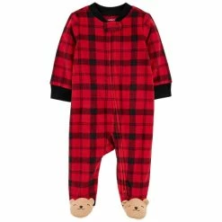 Outlet 🎁 Carter's Baby Boys Or Baby 👧 Girls Buffalo Check 2-Way Zip Fleece Sleep And Play Red ⌛