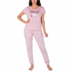 New 🔥 Munki Munki 👩 Women's Snoopy Leopard-Print Pajama Set Pink ✔️