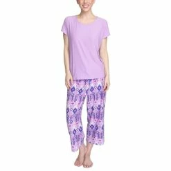 Flash Sale 😉 Muk Luks Plus Size Short-Sleeve Top And Capri Pajama Pants Set Purple Patchwork ✔️