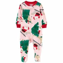 Cheap 🔔 Carter's Baby 👧 Girls Santa Fleece Zip-Up Sleep And Play Pink 👏