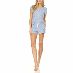 Promo 🎁 BEARPAW 👩 Women's Logo Print Jersey Short Sleeve V-Neck T-Shirt And Shorts, Pajama Lounge Comfy Sleepwear Set, 2 Piece Blue Multi 🔥