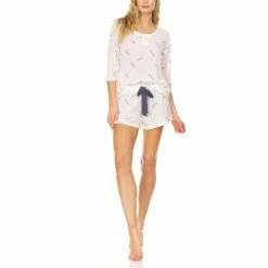 Best Pirce โค๏ธ Laundry By Shelli Segal ๐ฉ Women's Waffle Knit Three Quarter Sleeve Top Matching Shorts Loungewear Set Ivory Mult โ