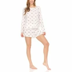 Top 10 💯 BEARPAW 👩 Women's Relaxed Fit Long Sleeve T-Shirt And Wide Waist Shorts, Pajama Lounge Comfy Sleepwear Set, 2 Piece Ivory Multi 🎉